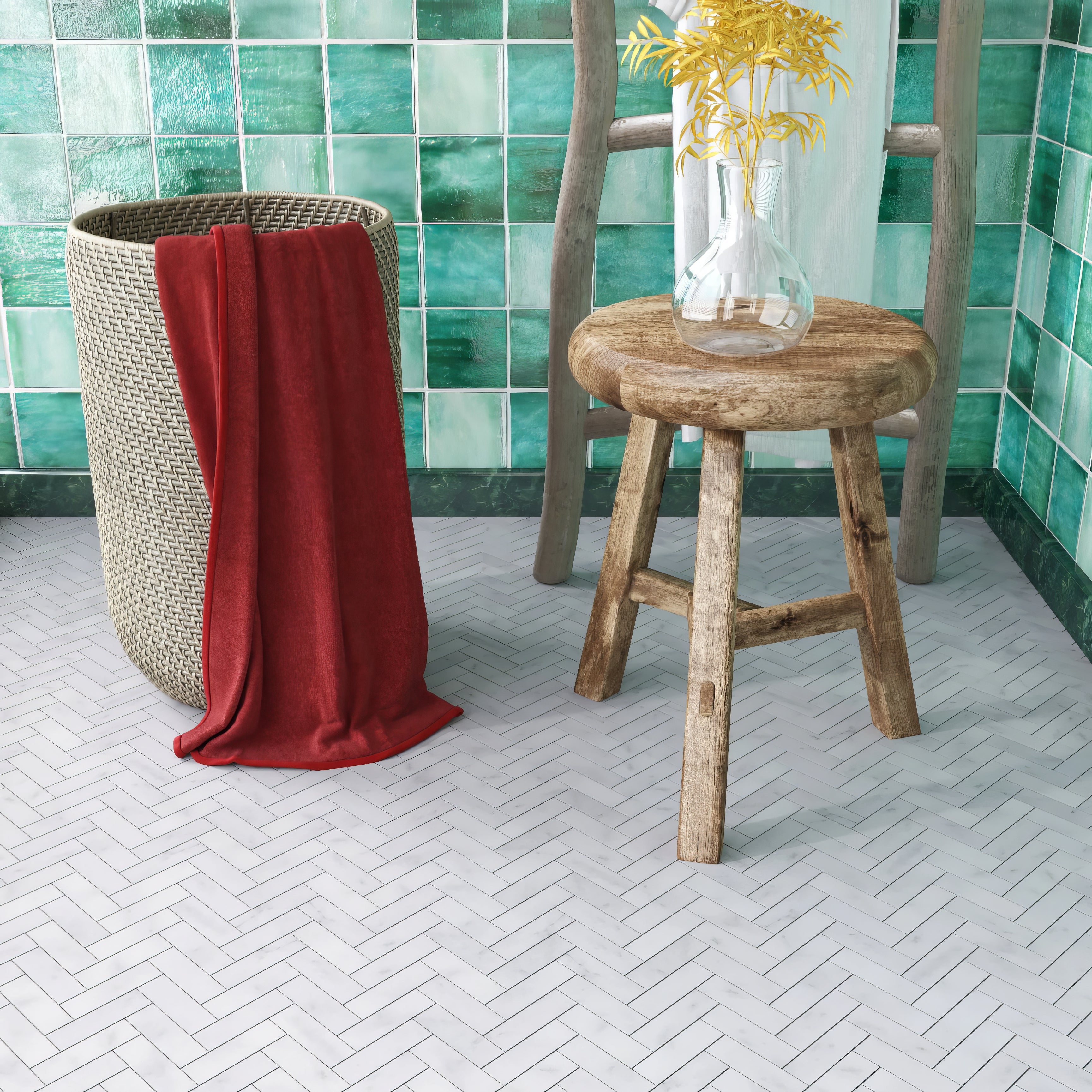 Carrara White Herringbone Mosaic Tile - Hyperion Tiles