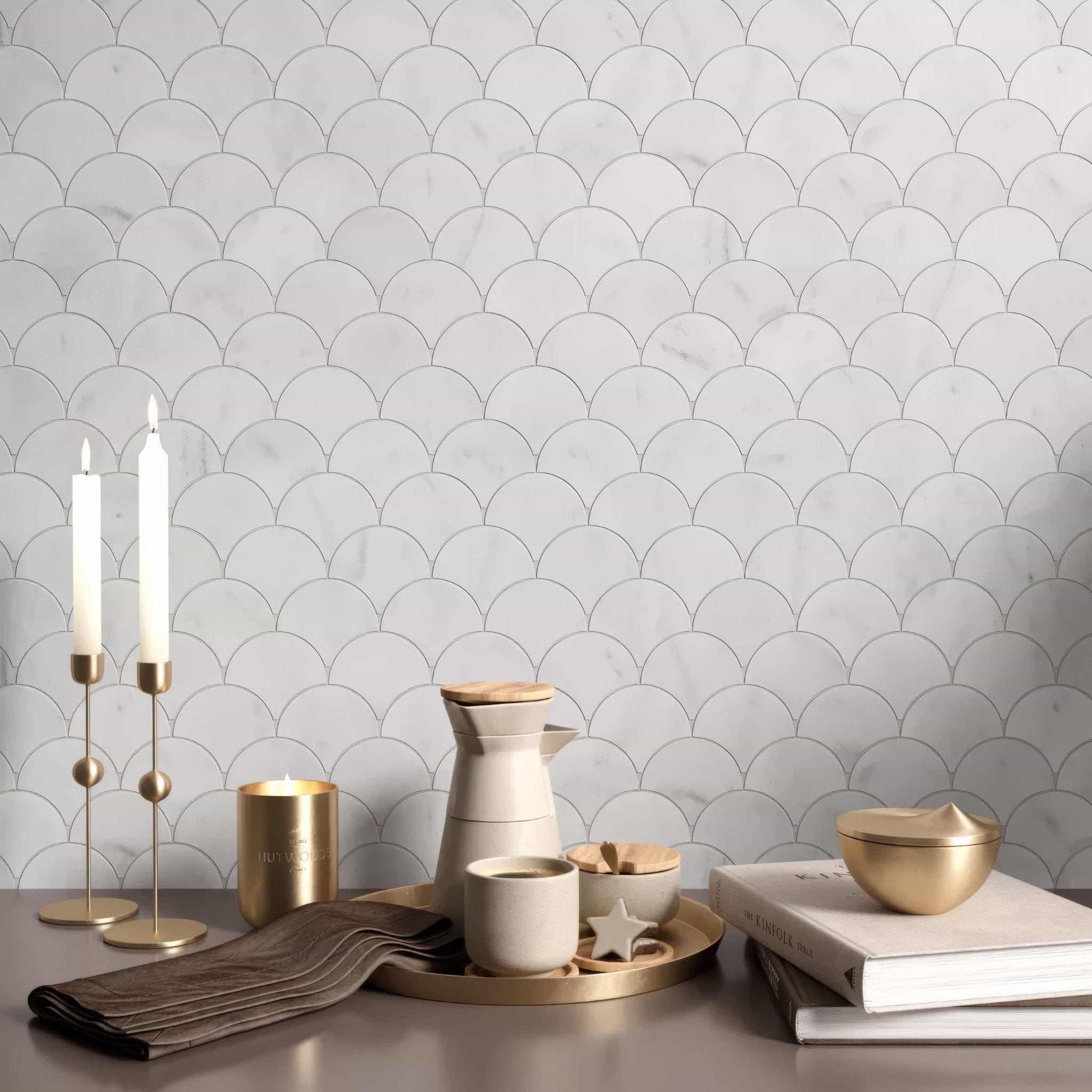 Carrara White Marble Scallop Shell Mosaic Tile - Hyperion Tiles