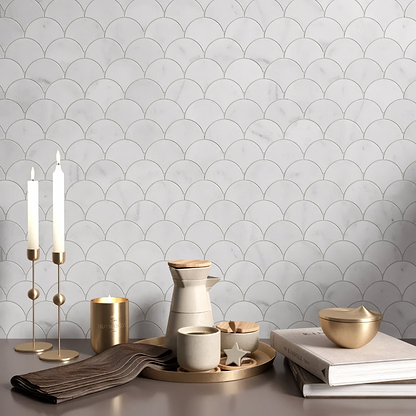 Carrara White Marble Scallop Shell Mosaic Tile - Hyperion Tiles