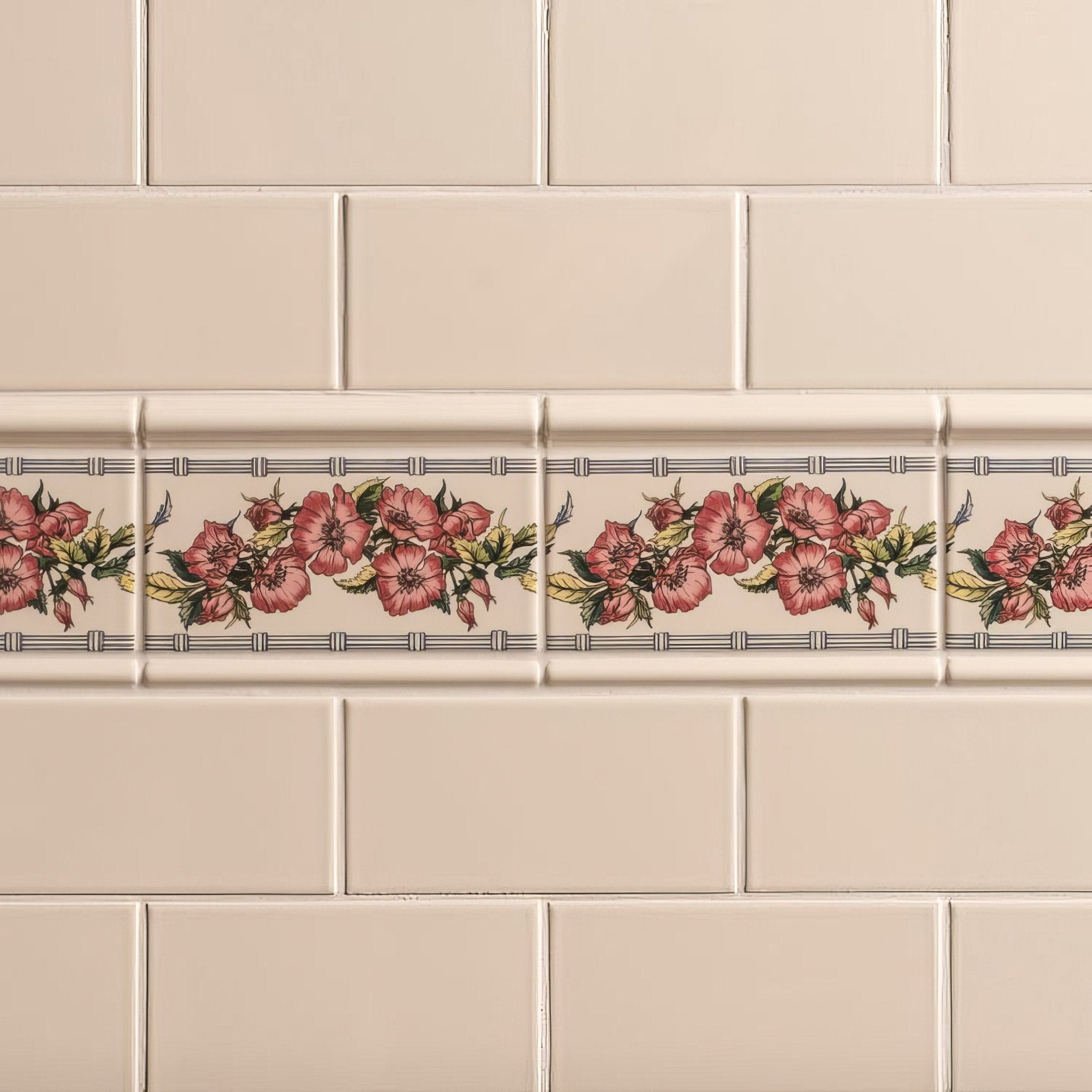 Corded Poppies Red Classical Decorative Border on County White - Hyperion Tiles