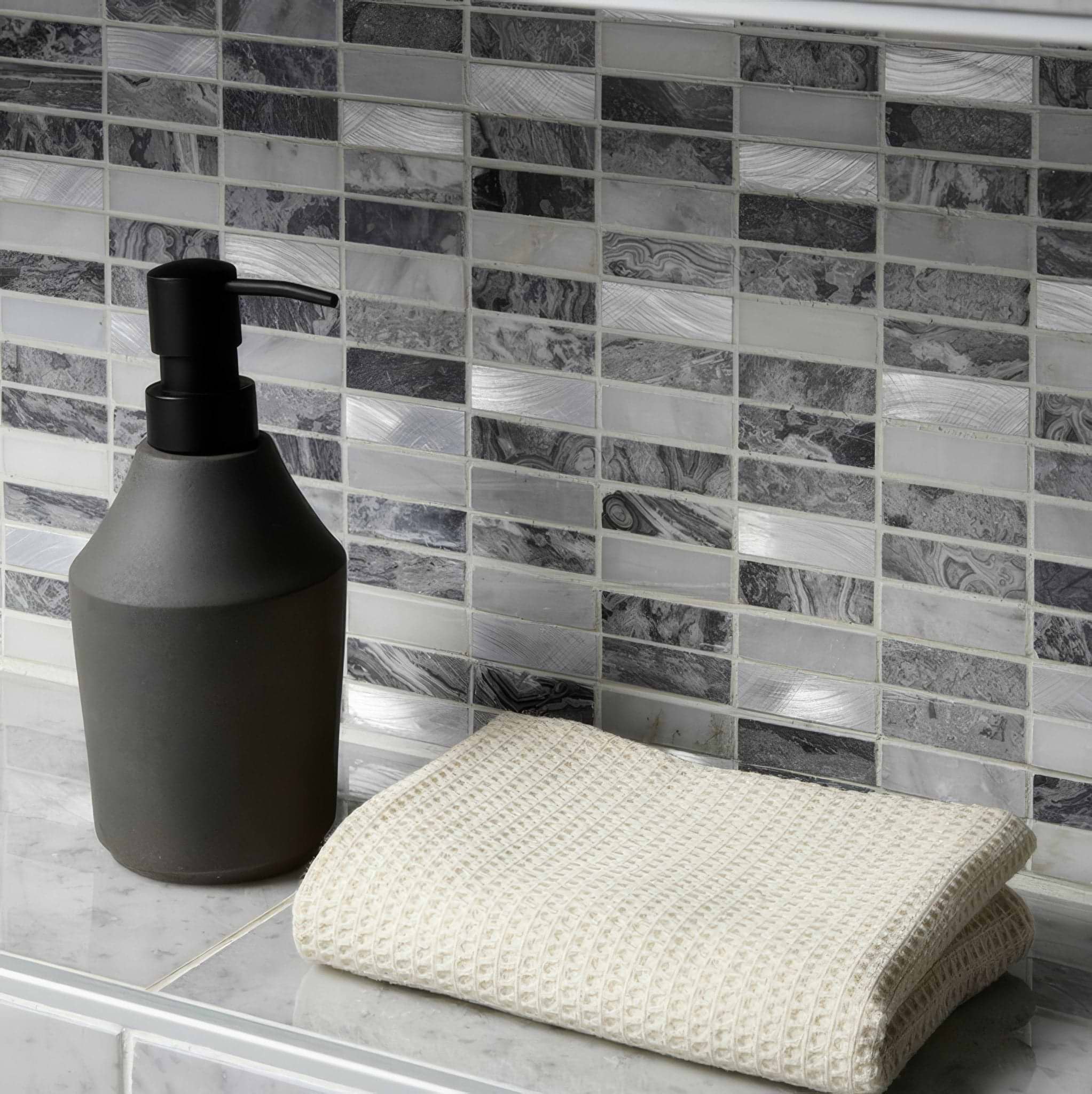 Creswell Grey Stone & Metal Mix Linear Mosaic - Hyperion Tiles