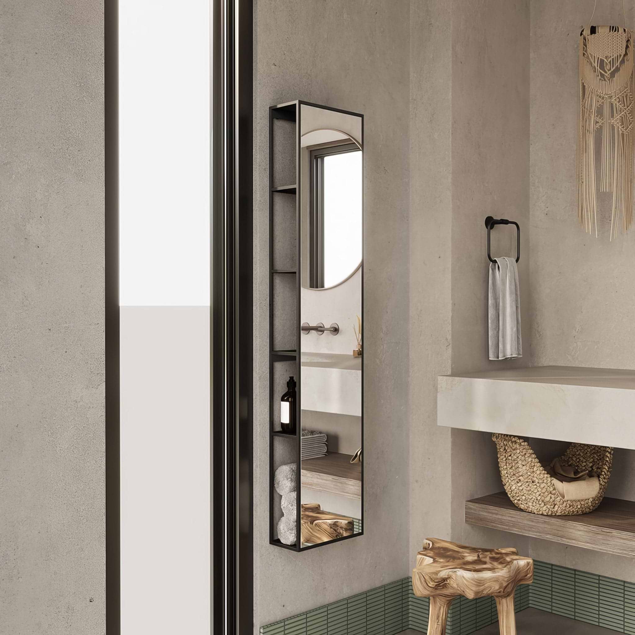 Dockside Mirror With Open Shelving 140x30cm in Black - Hyperion Tiles