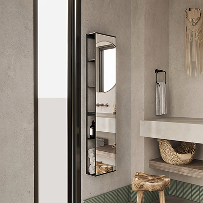 Dockside Mirror With Open Shelving 140x30cm in Black - Hyperion Tiles