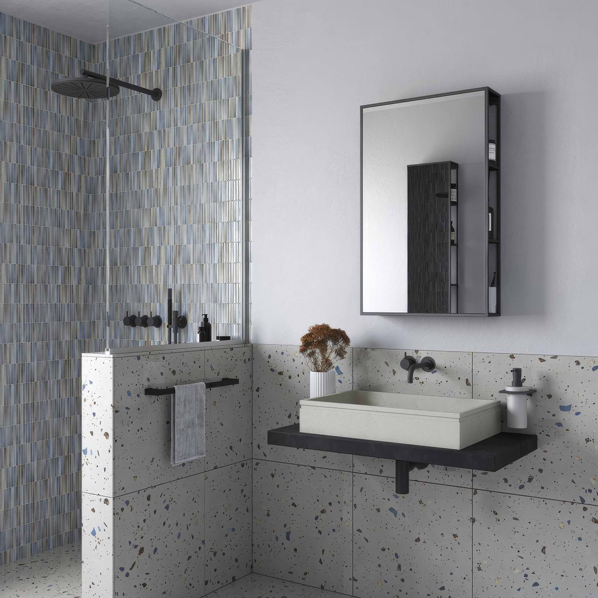 Dockside Mirror With Open Shelving 50 Black - Hyperion Tiles