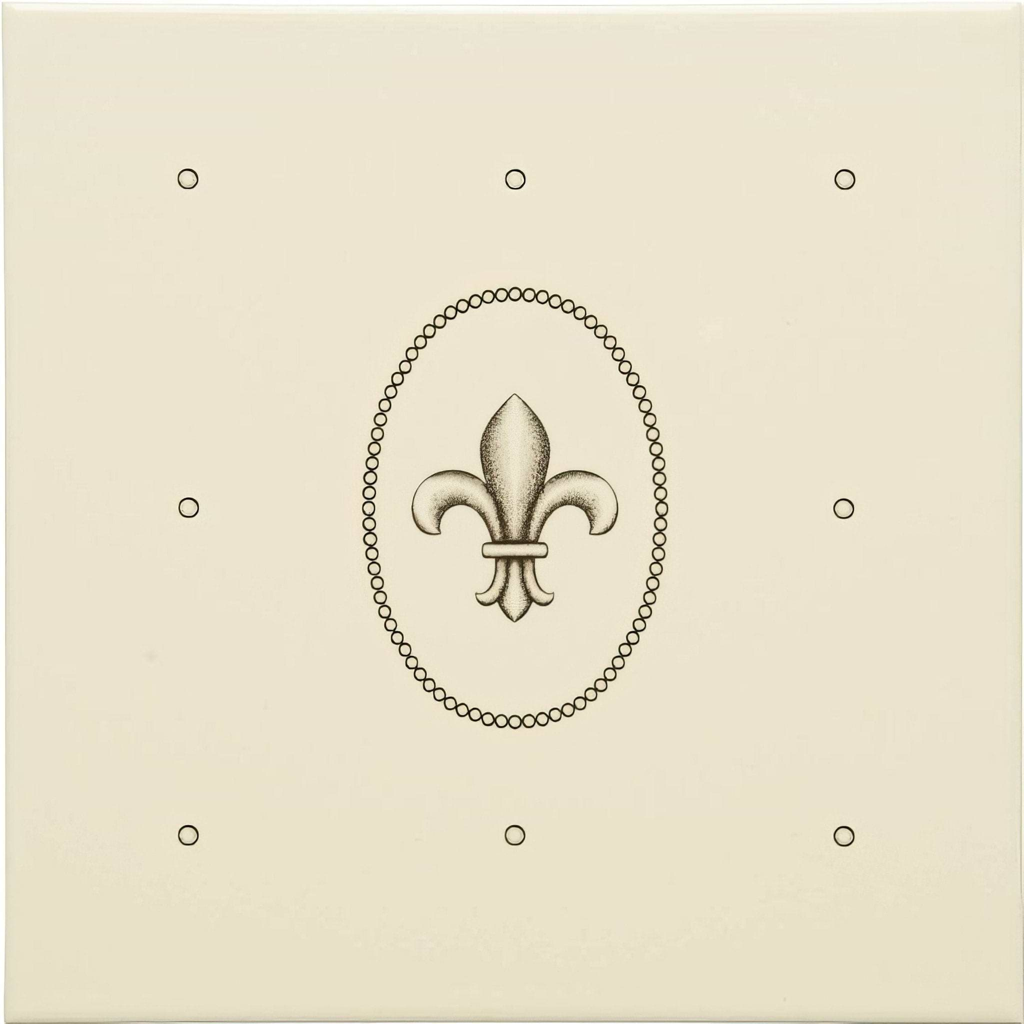 Dot Cartouche with Fleur de Lis Charcoal Grey on County White - Hyperion Tiles