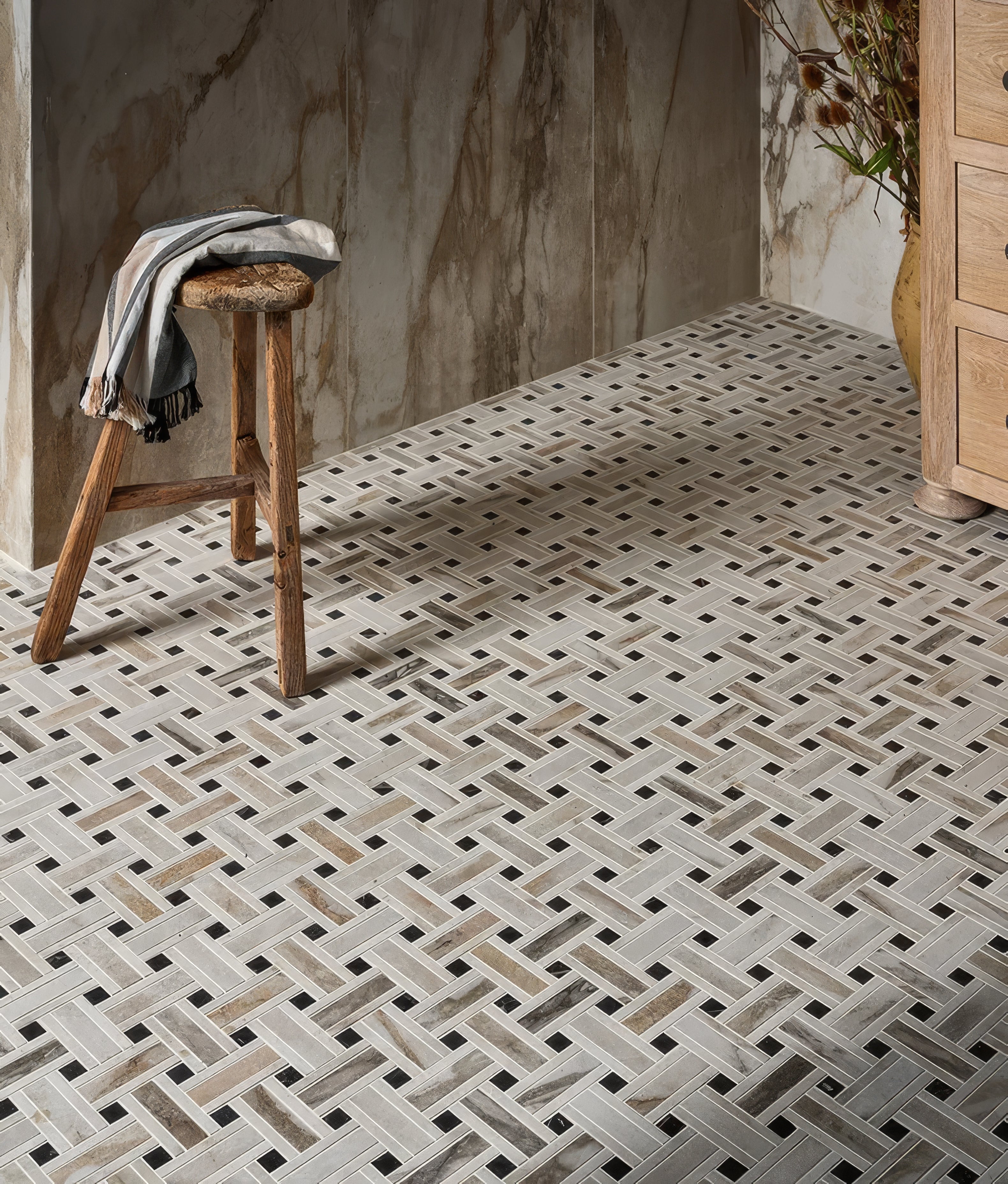 East Village Porcelain Basketweave Mosaic Oro - Hyperion Tiles 