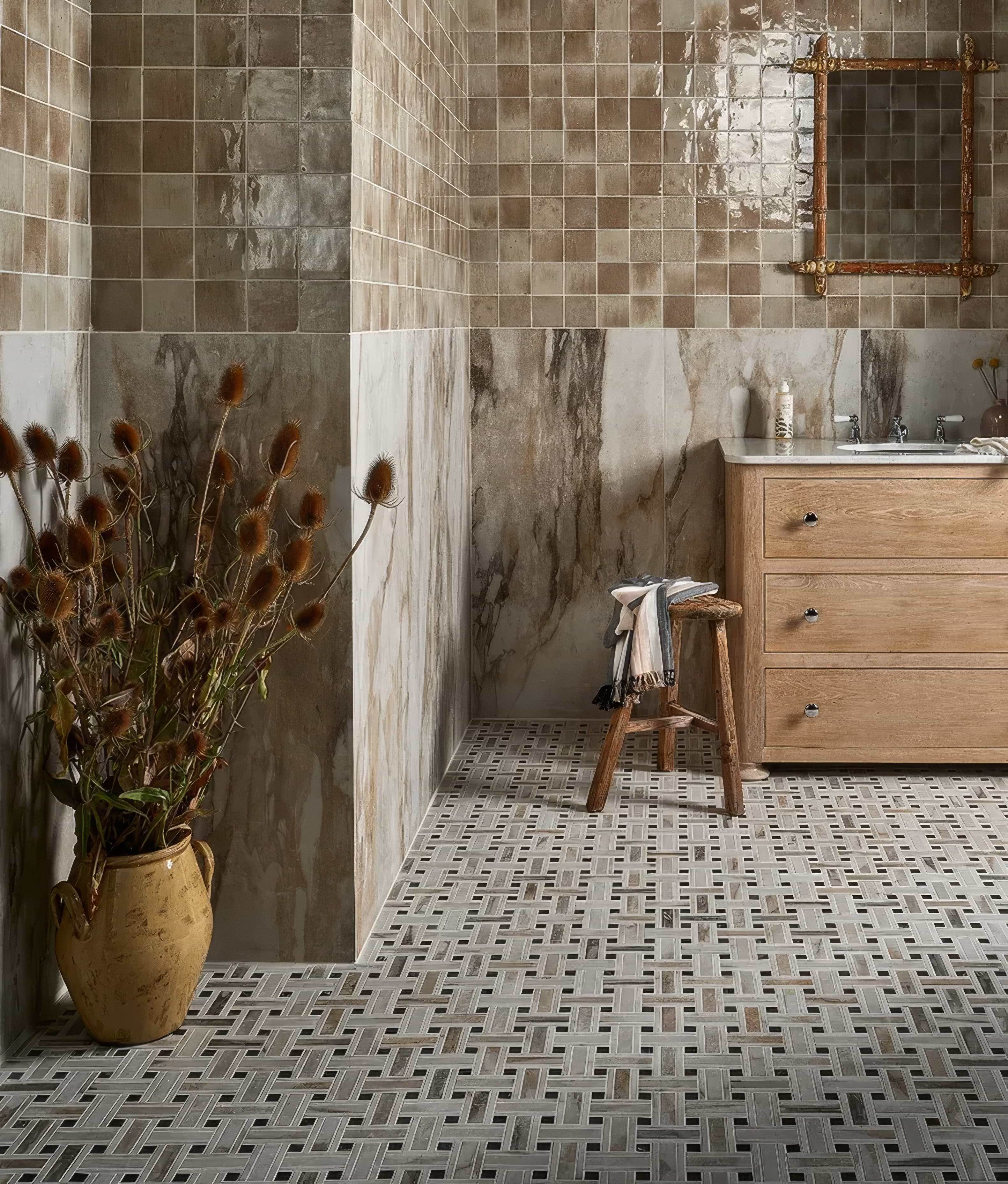 East Village Porcelain Basketweave Mosaic Oro - Hyperion Tiles 