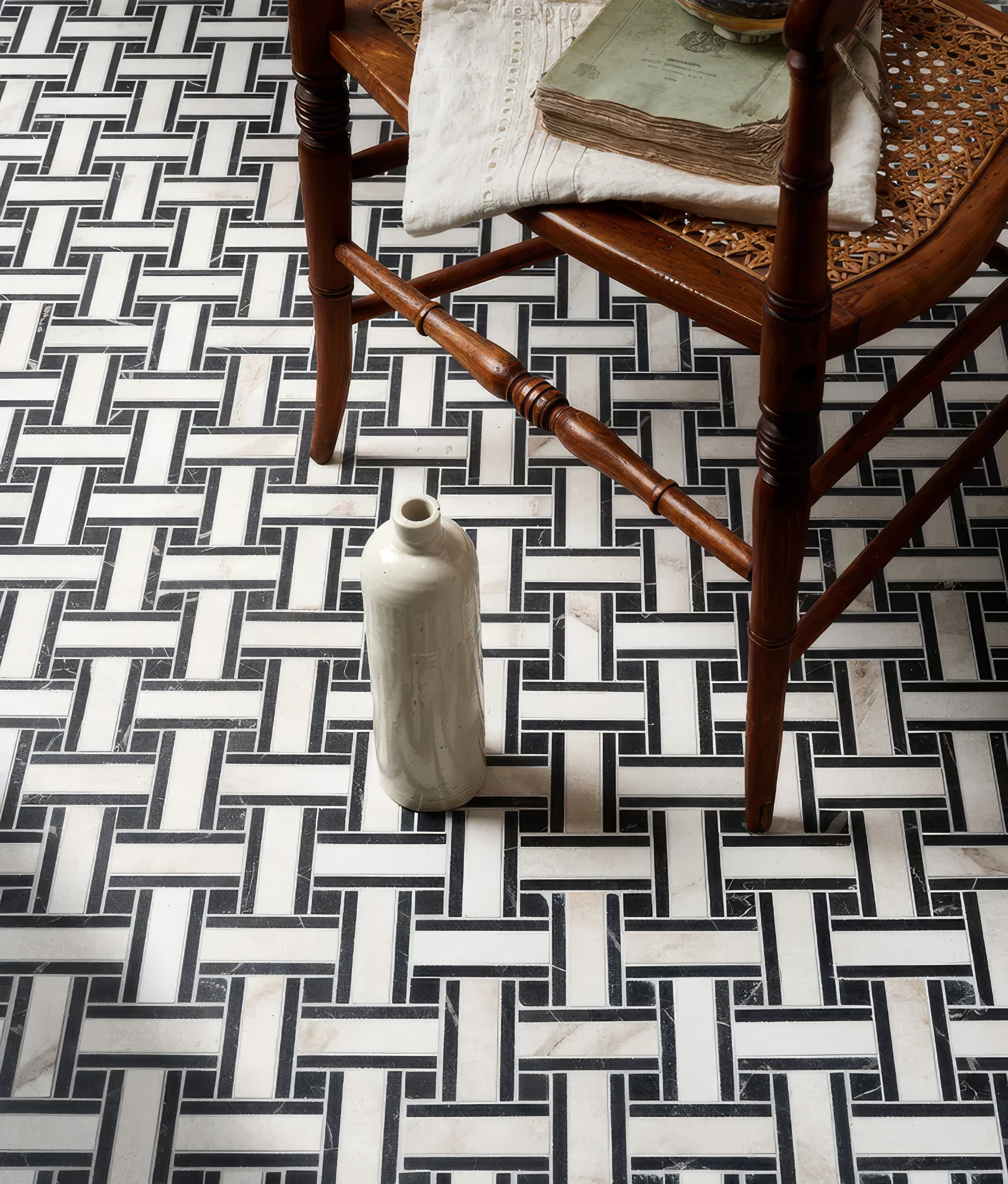 East Village Porcelain Basketweave Mosaic Bianco - Hyperion Tiles 