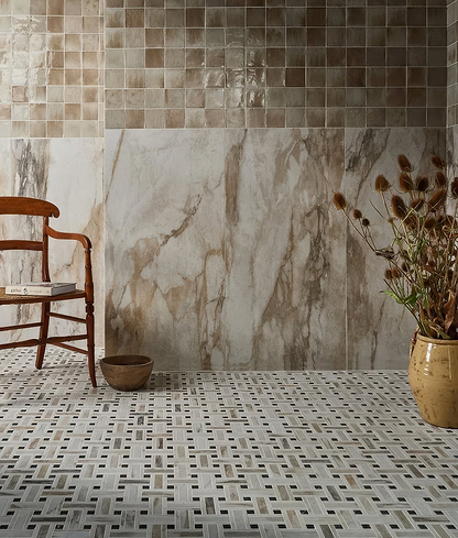 East Village Porcelain Basketweave Mosaic Oro - Hyperion Tiles