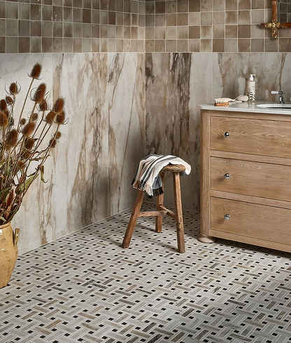 East Village Porcelain Basketweave Mosaic Oro - Hyperion Tiles