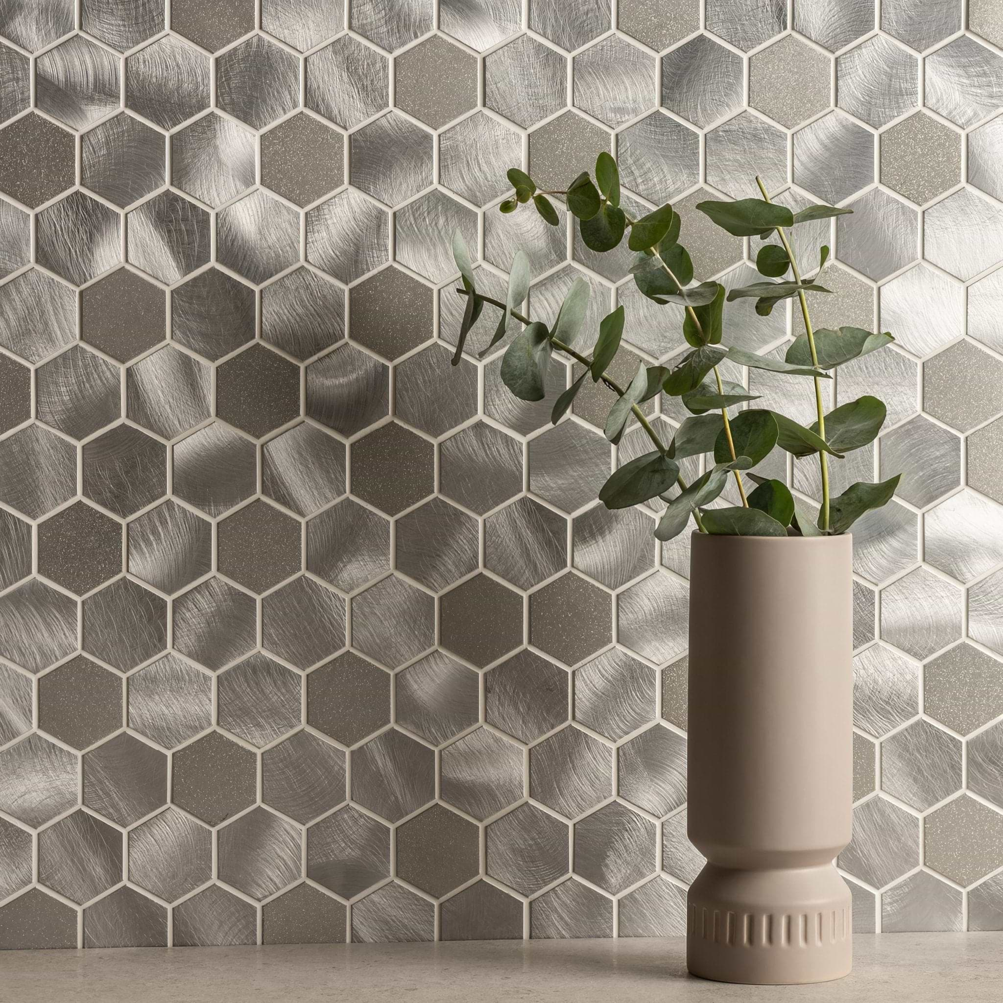 Fenrir Silver Mixed Finish Hexagon Mosaic - Hyperion Tiles