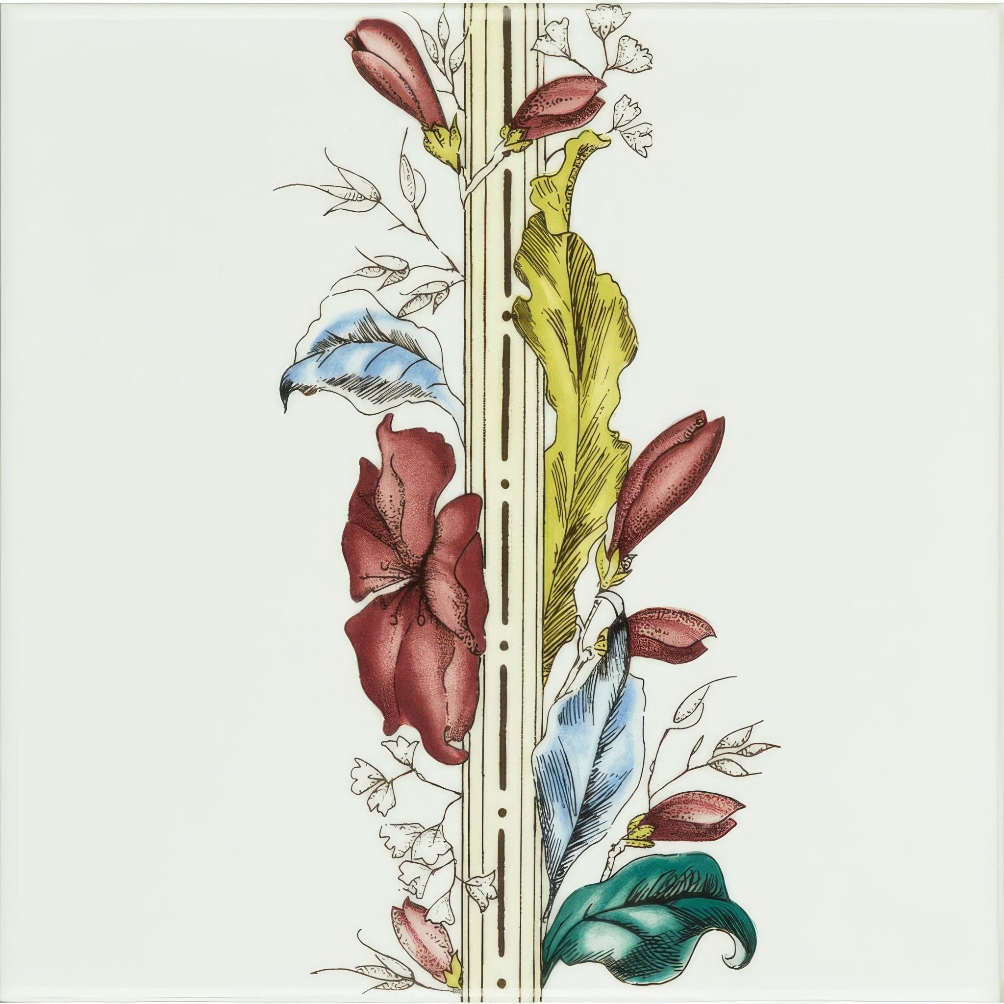 Flower and Foliage Border (Flower Left) On Brilliant White - Hyperion Tiles