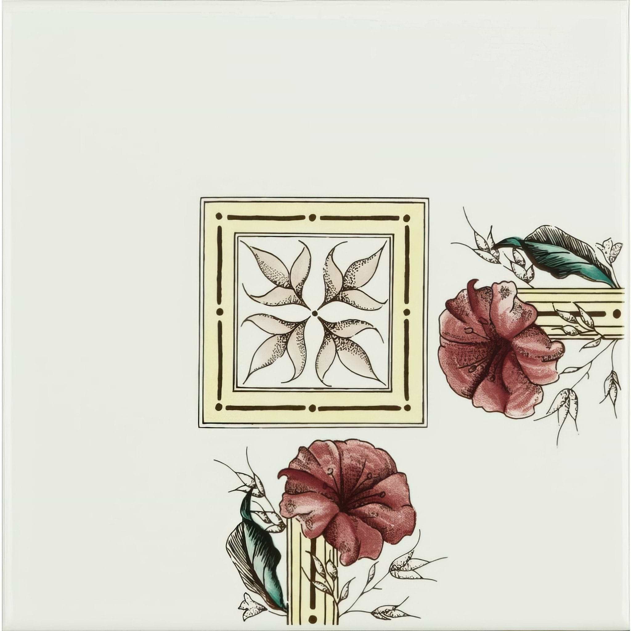 Flower and Foliage Corner On Brilliant White - Hyperion Tiles