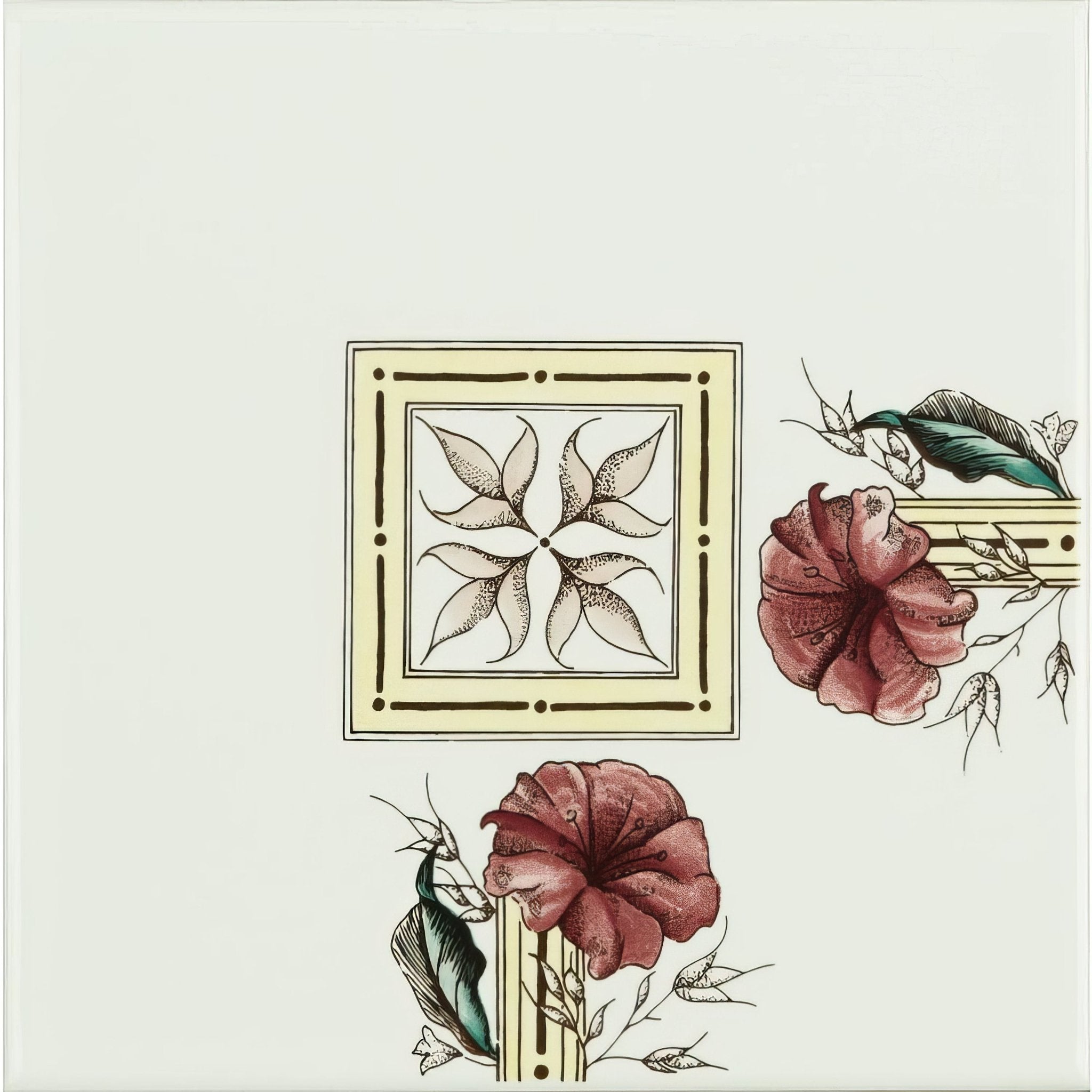 Flower and Foliage Corner On Brilliant White - Hyperion Tiles