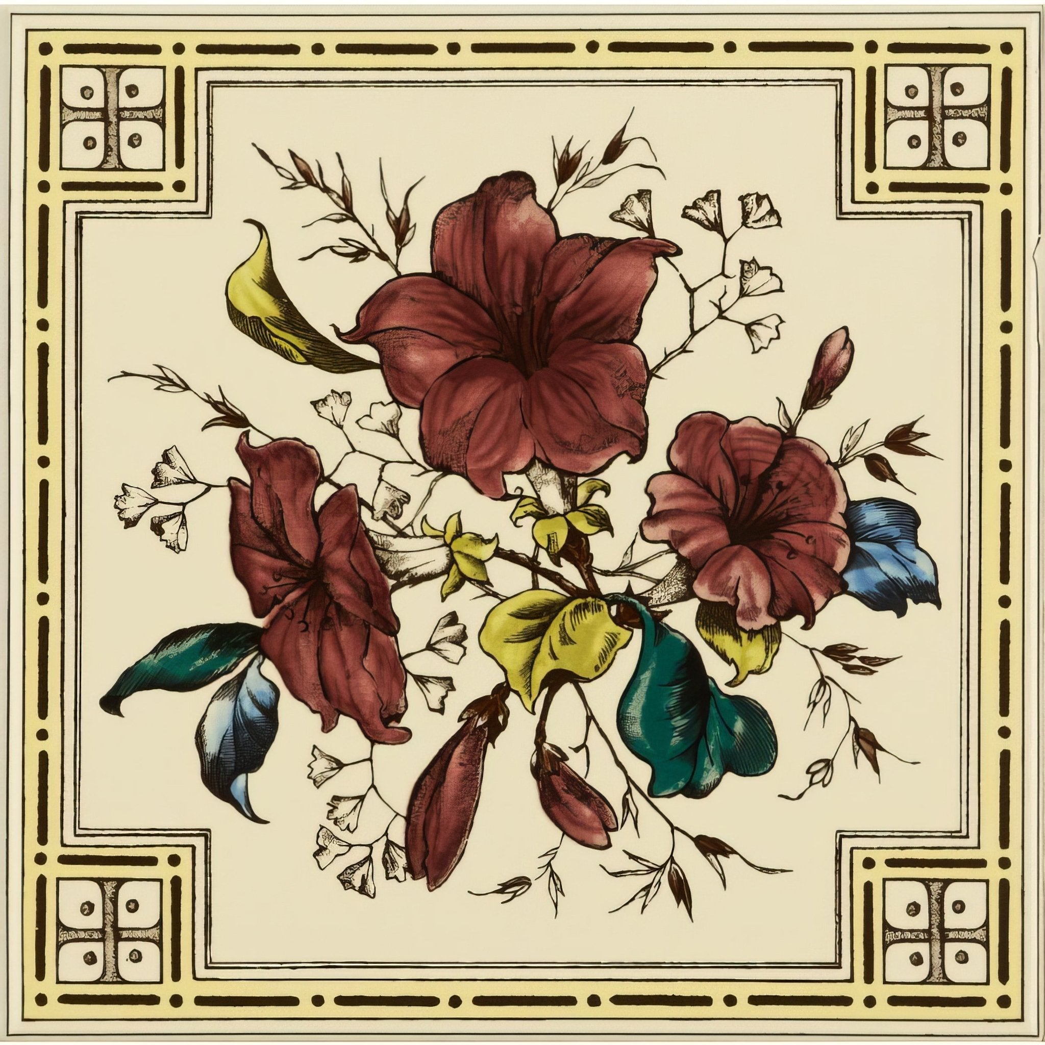 Flower and Foliage Single Tile On County White - Hyperion Tiles