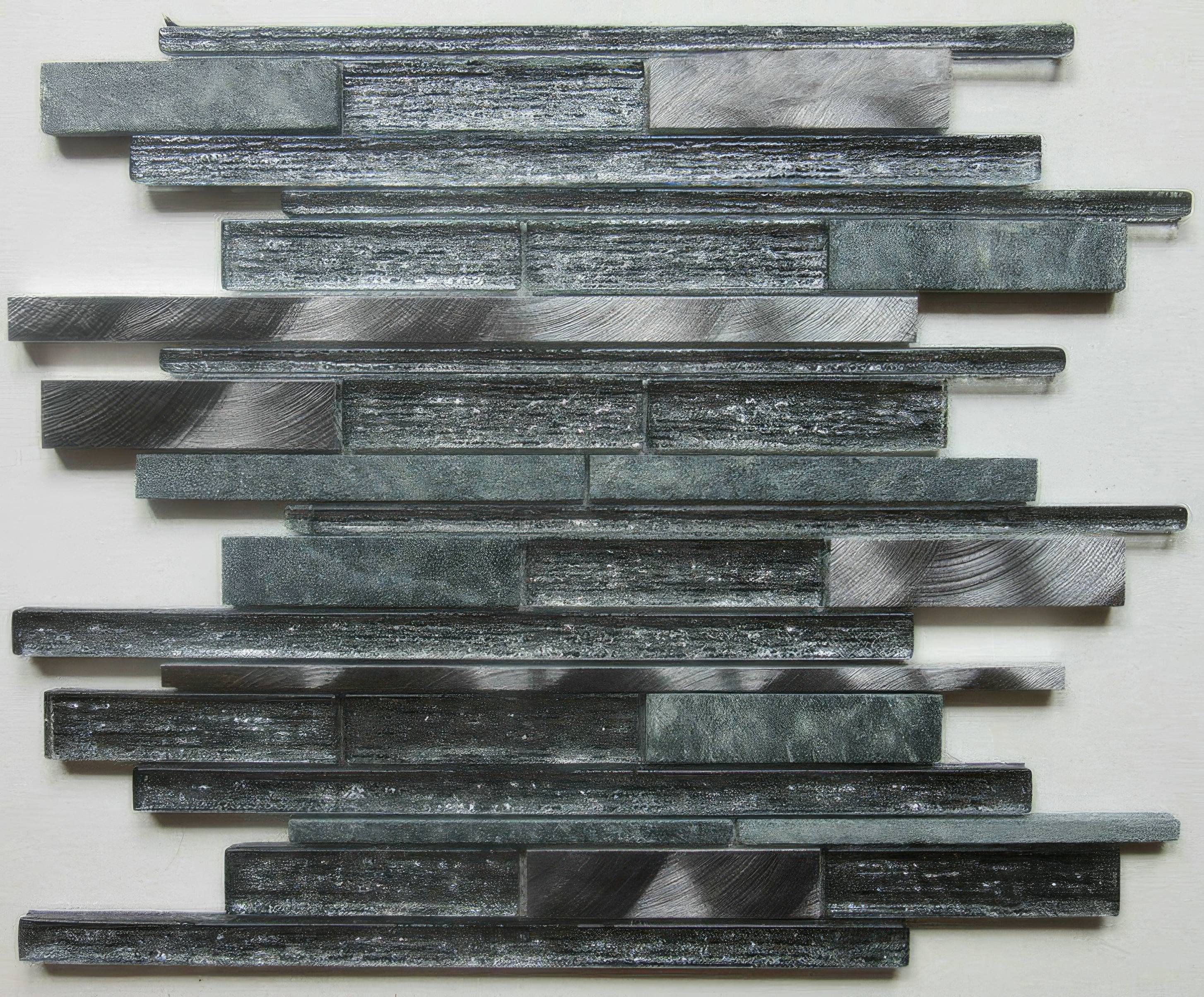 Kenton Grey Glass Stone Metal Mix Linear Mosaic - Hyperion Tiles