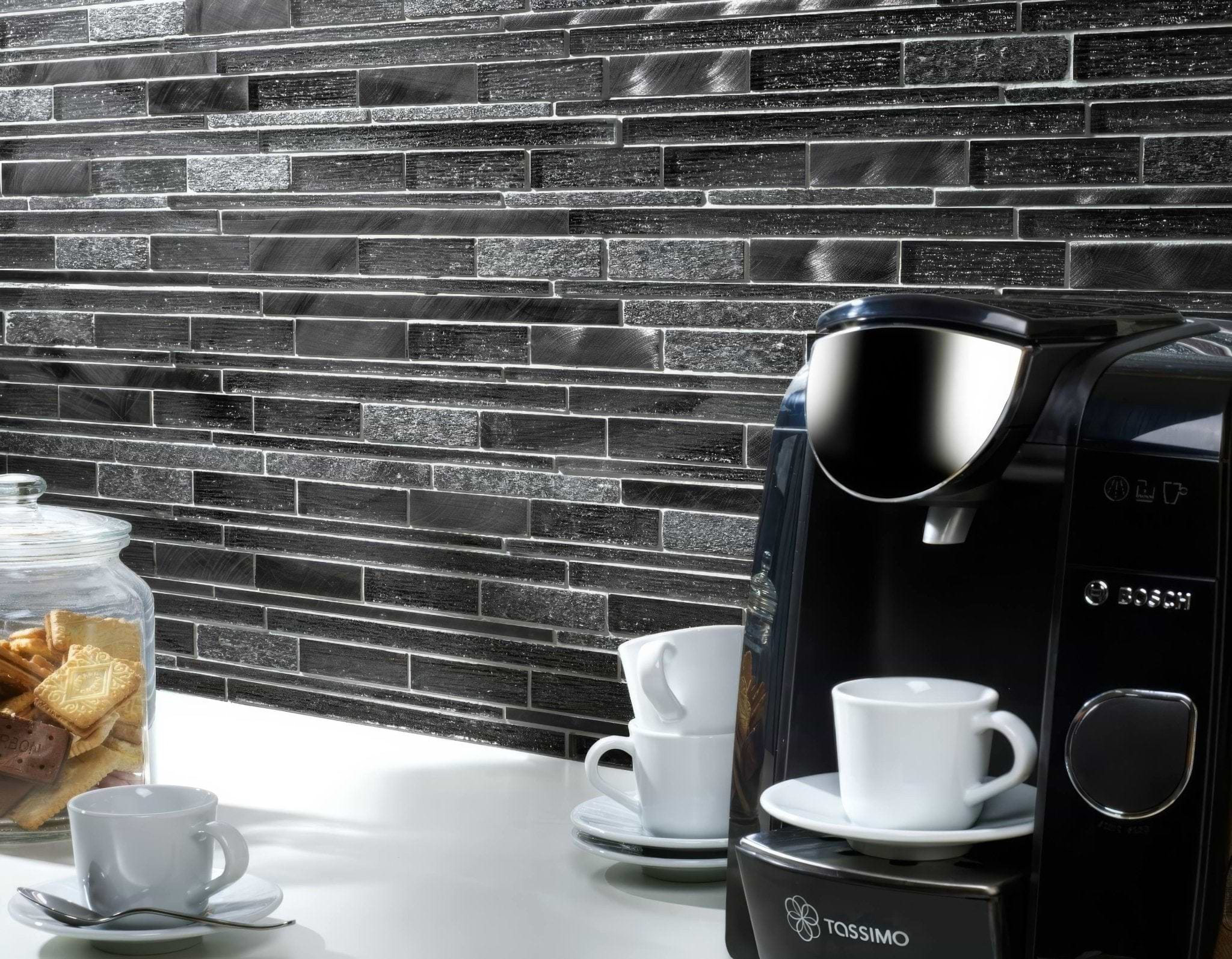 Kenton Grey Glass Stone Metal Mix Linear Mosaic - Hyperion Tiles