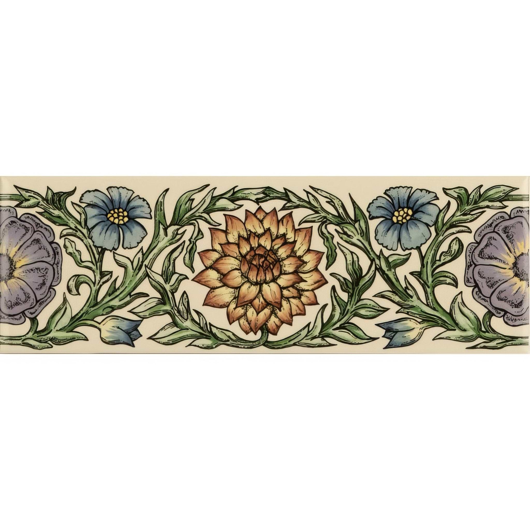 Knot Garden Blue & Yellow Classical Decorative Border on County White - Hyperion Tiles