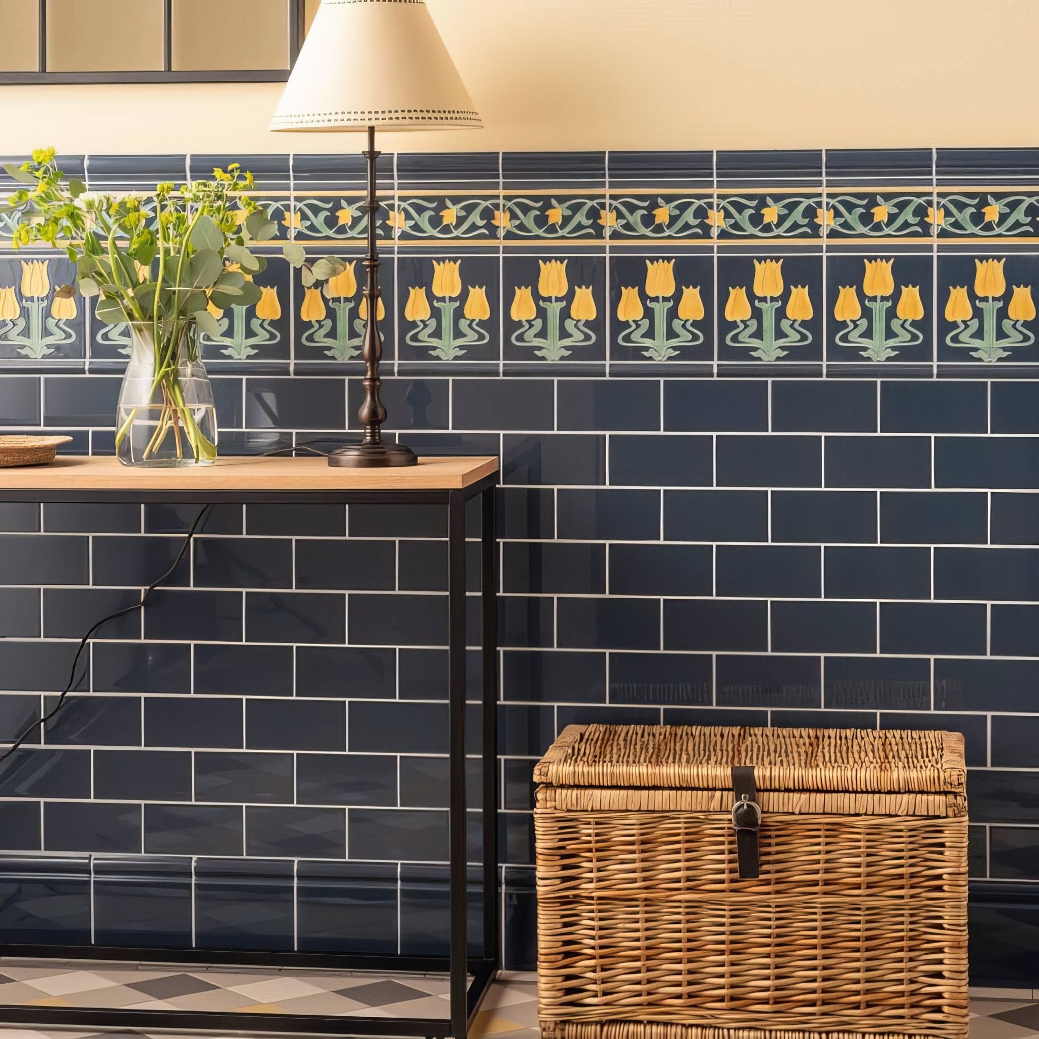 Lafleur Border on Ascot Blue - Hyperion Tiles