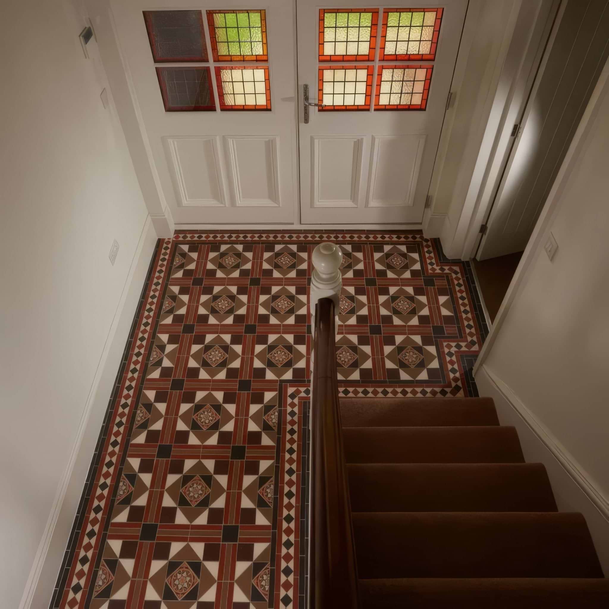 Lindisfarne Black, Brown, Red, Regency Bath & White with Livingstone Green on Buff - Hyperion Tiles