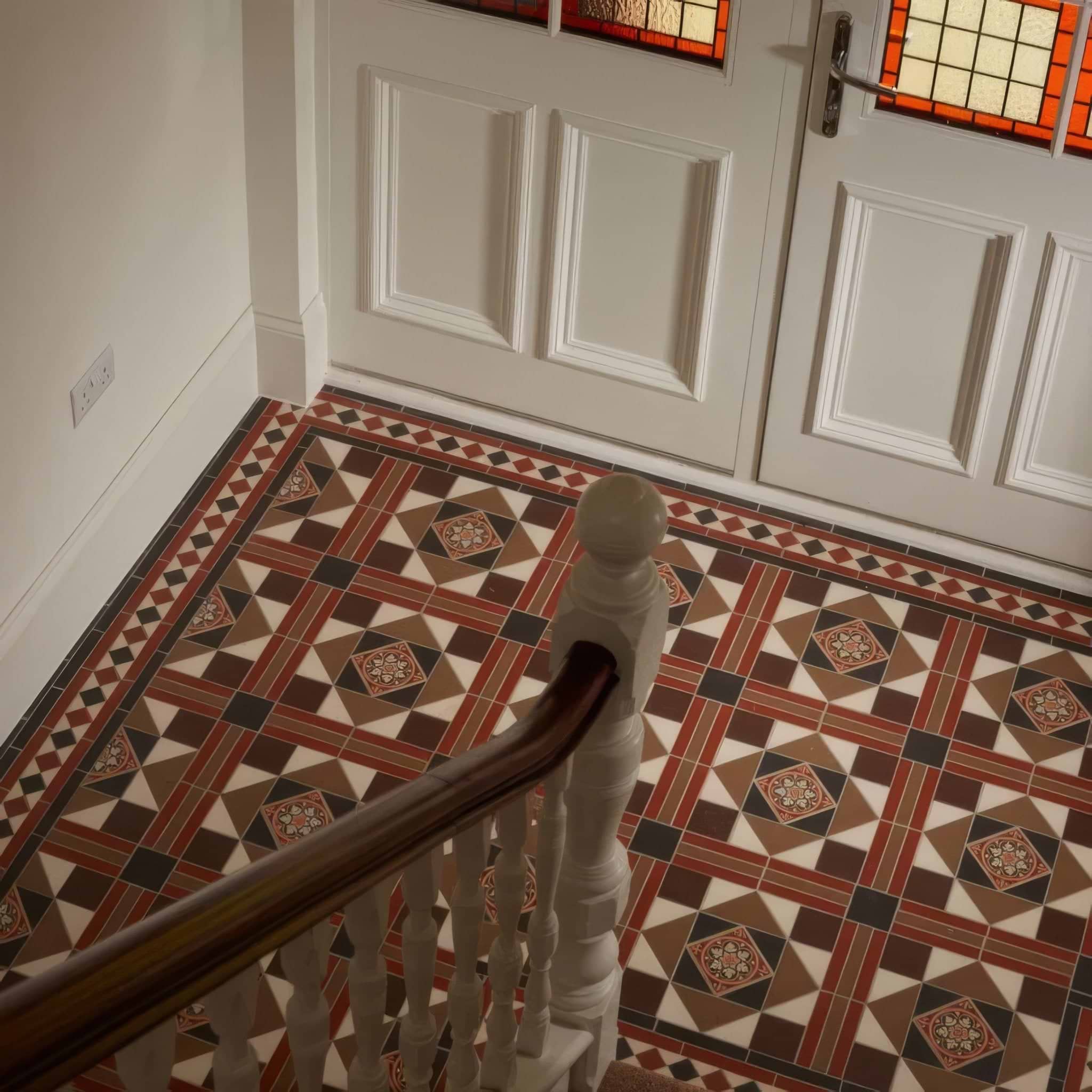 Lindisfarne Black, Brown, Red, Regency Bath & White with Livingstone Green on Buff - Hyperion Tiles