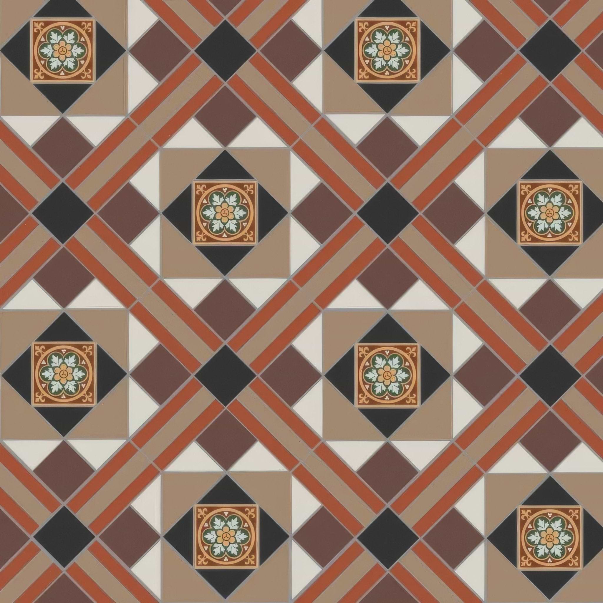 Lindisfarne Black, Brown, Red, Regency Bath & White with Livingstone Green on Buff - Hyperion Tiles