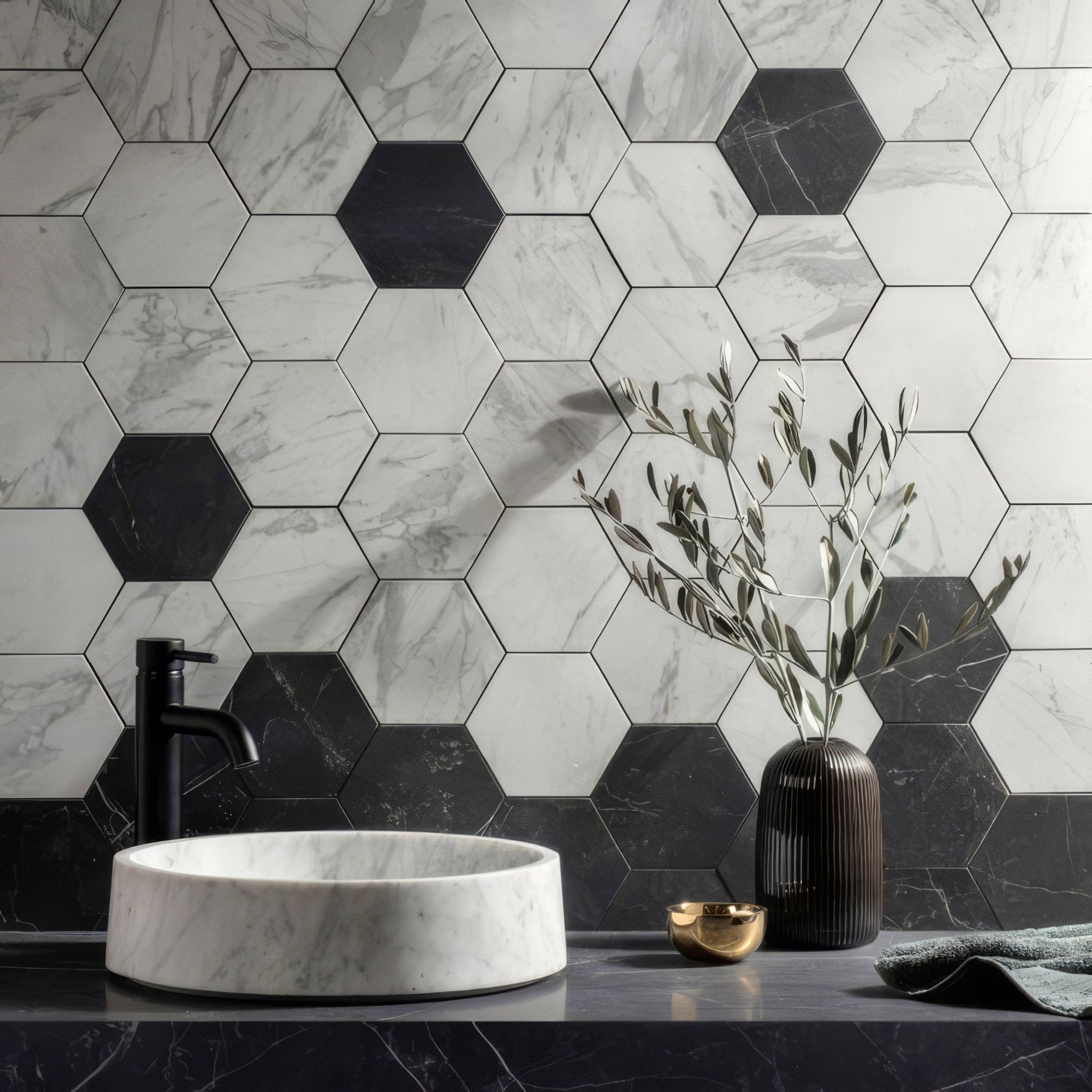 Marmi Nero Honed Hexagon Mosaic - Hyperion Tiles