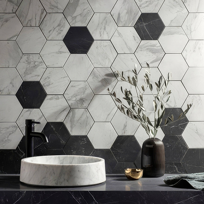 Marmi Nero Honed Hexagon Mosaic - Hyperion Tiles