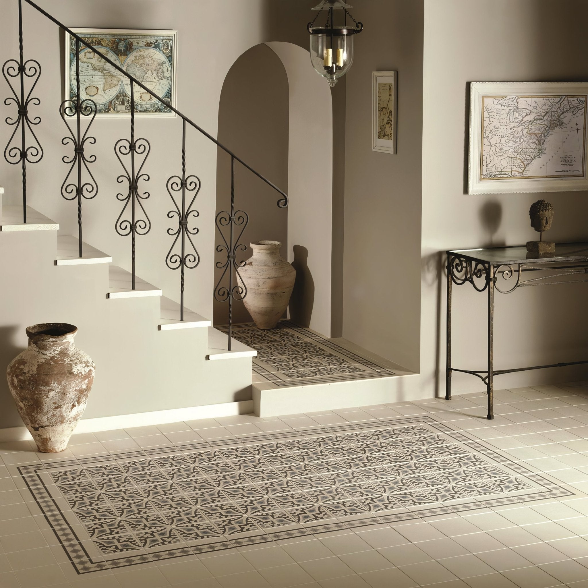 Marrakech Border Light Blue, Light Grey and Dark Grey on Dover White - Hyperion Tiles