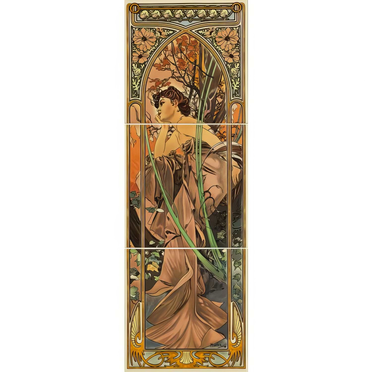 Alphonse Mucha Evening Reverie (Left Hand) 3-Tile Set on County White - Hyperion Tiles