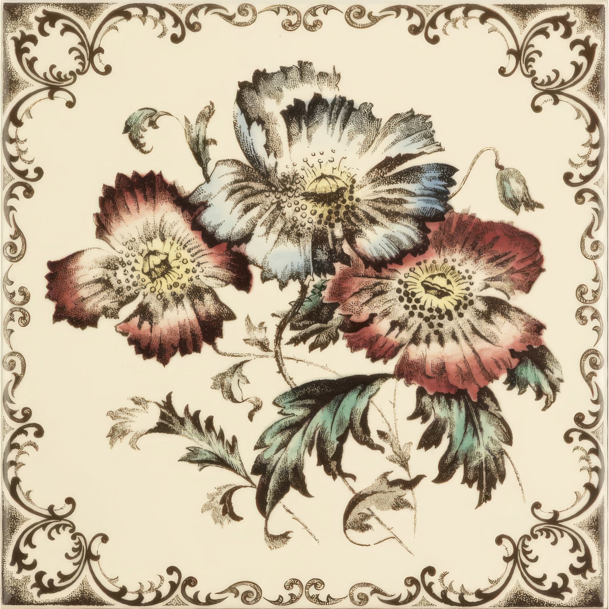 Poppies Scroll Border Single Tile on County White - Hyperion Tiles