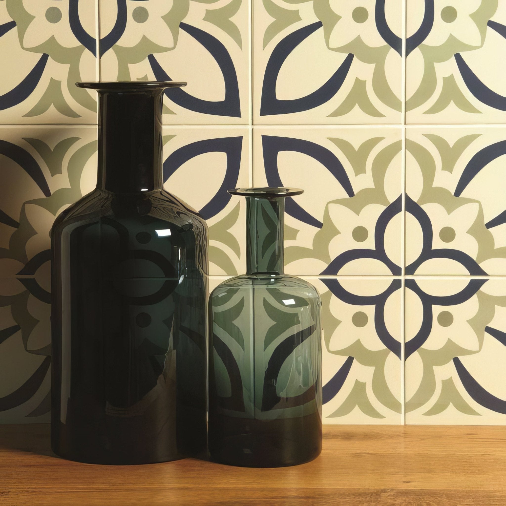 Renaissance Dublin, Khaki and Dark Blue on White - Hyperion Tiles