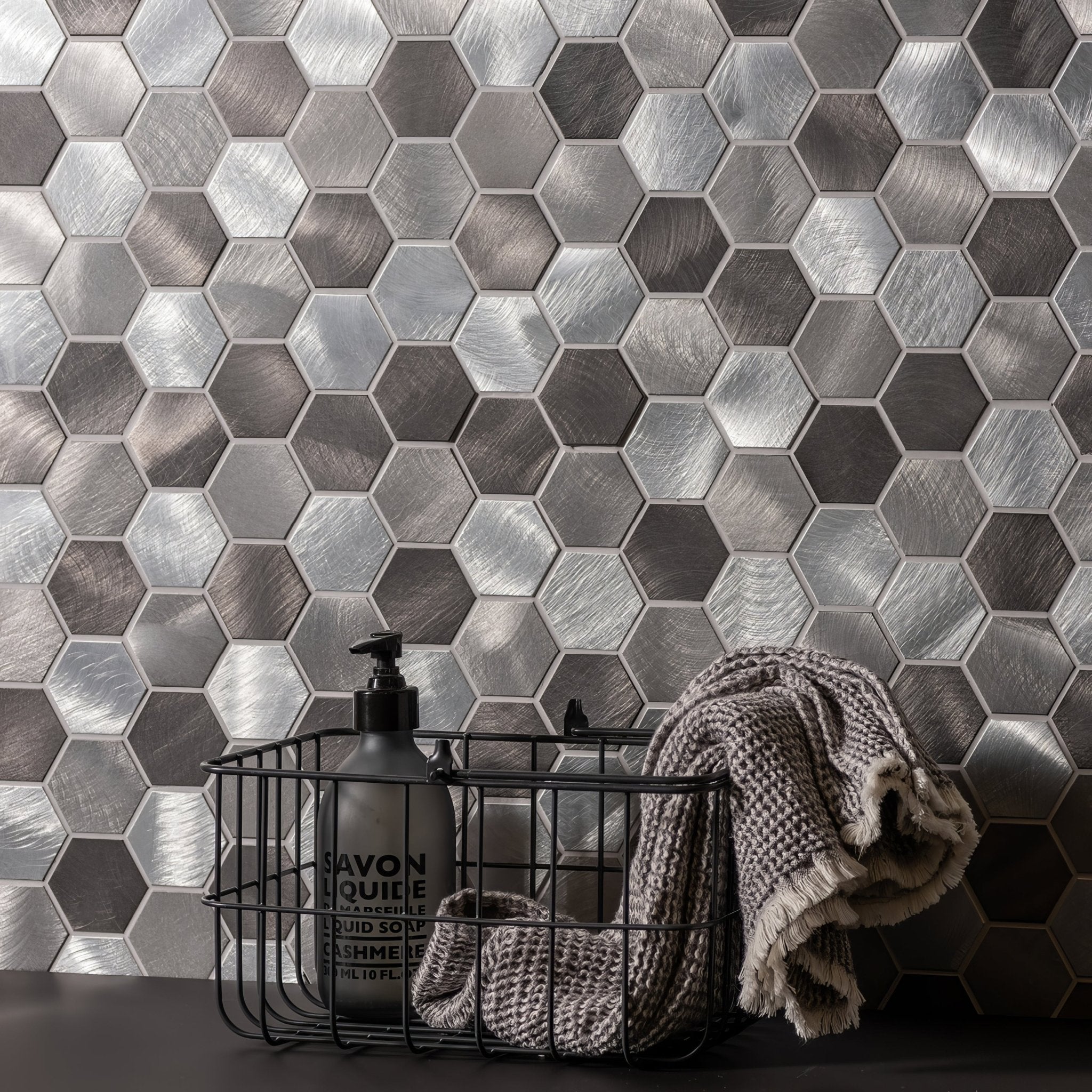 Rhea Grey and Silver Mixed Hexagon Mosaic - Hyperion Tiles