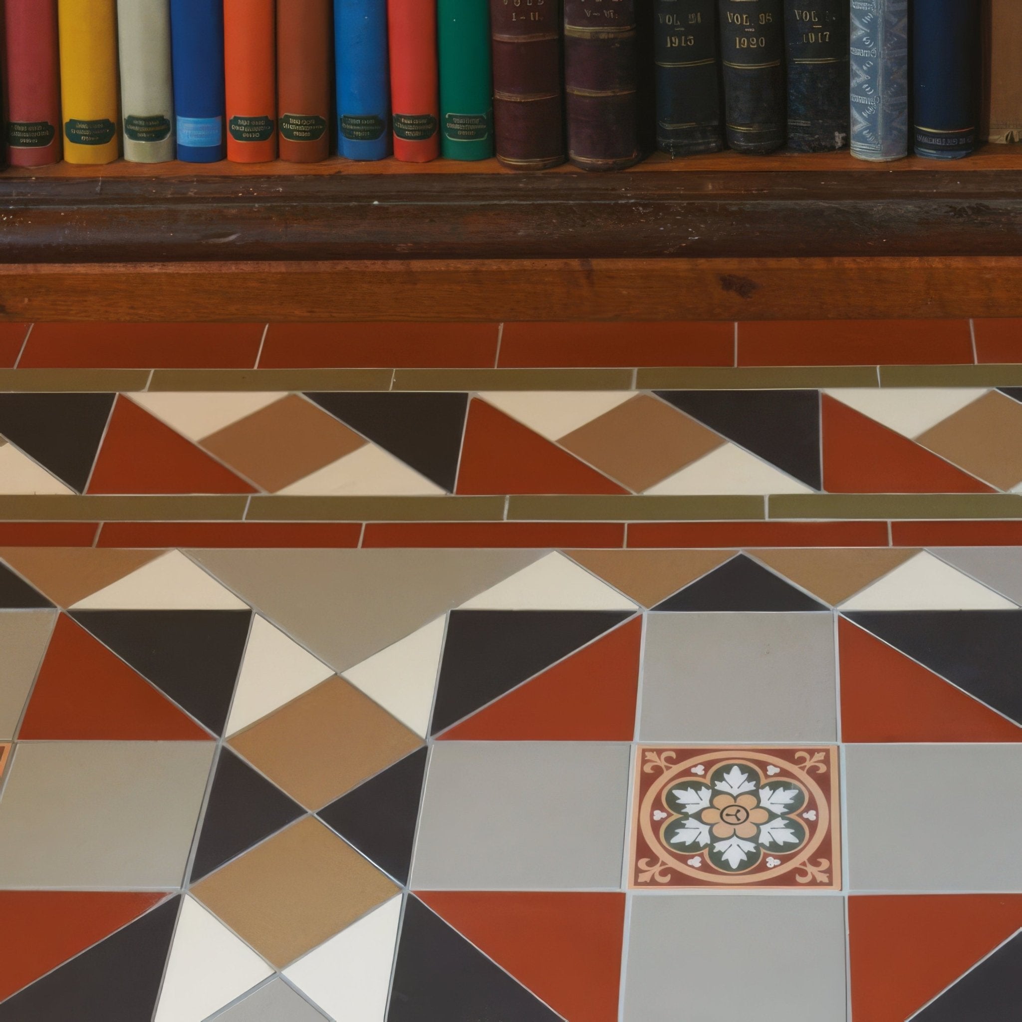 Rochester Black, Holkham Dune, Red, Regency Bath & White with Livingstone Green on Buff - Hyperion Tiles