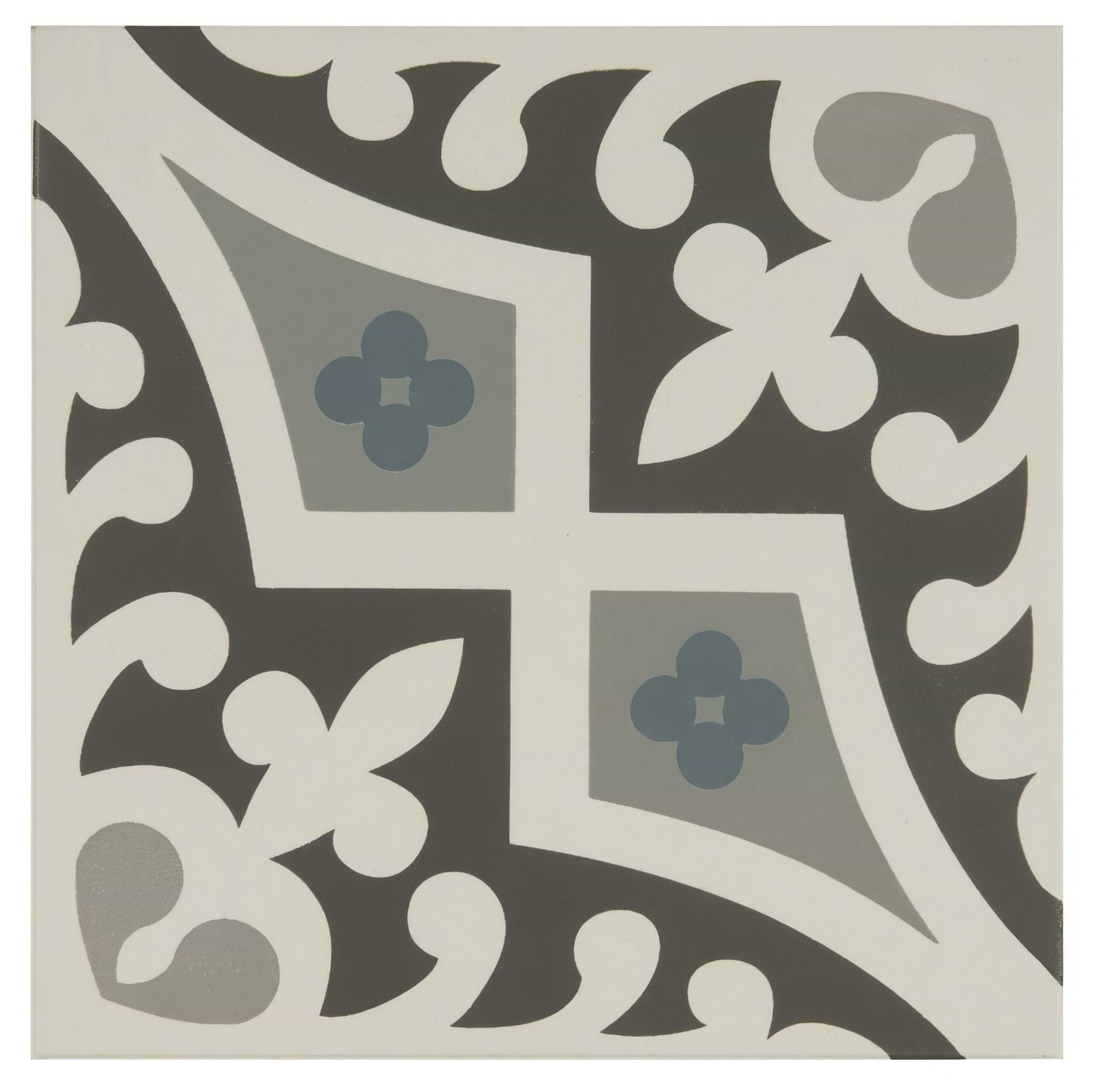 Romanesque Light Blue, Light Grey and Dark Grey on Dover White - Hyperion Tiles