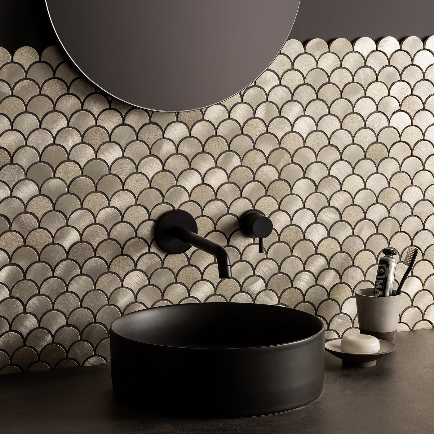 Skathi Gold Scale Mixed Finish Aluminium Mosaic From Hyperion Tiles