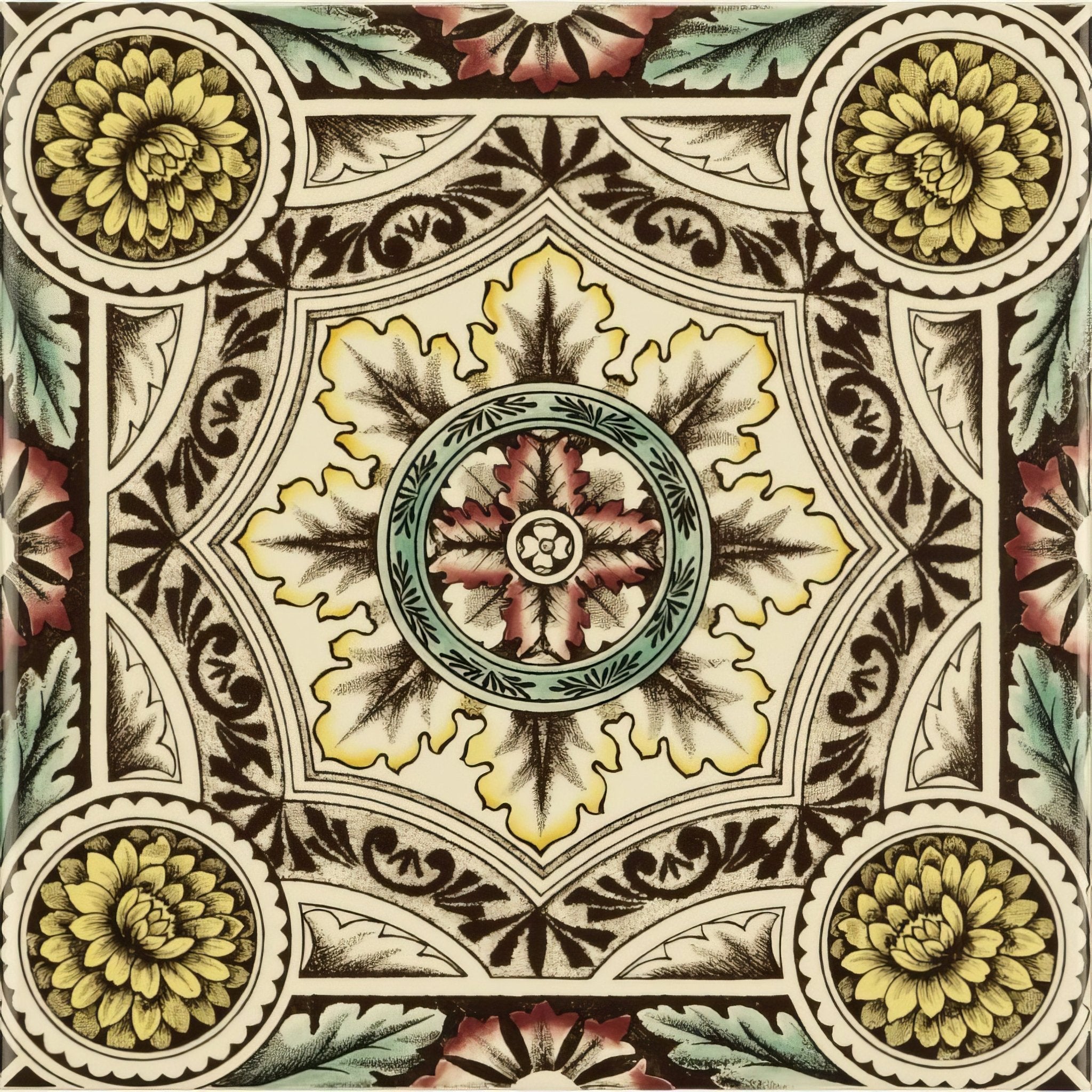 Symmetrical Floral Pattern Single Tile on County White - Hyperion Tiles