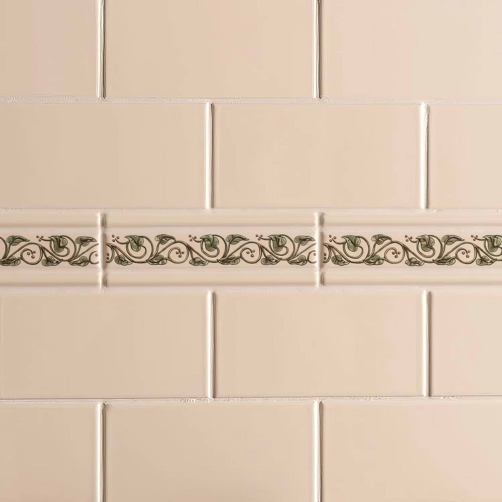 Trailing Ivy, Green Classical Decorative Border, on County White - Hyperion Tiles