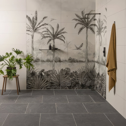 Tropical Oasis Monochrome Mural - Hyperion Tiles