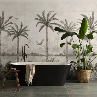 Tropical Oasis Monochrome Mural - Hyperion Tiles