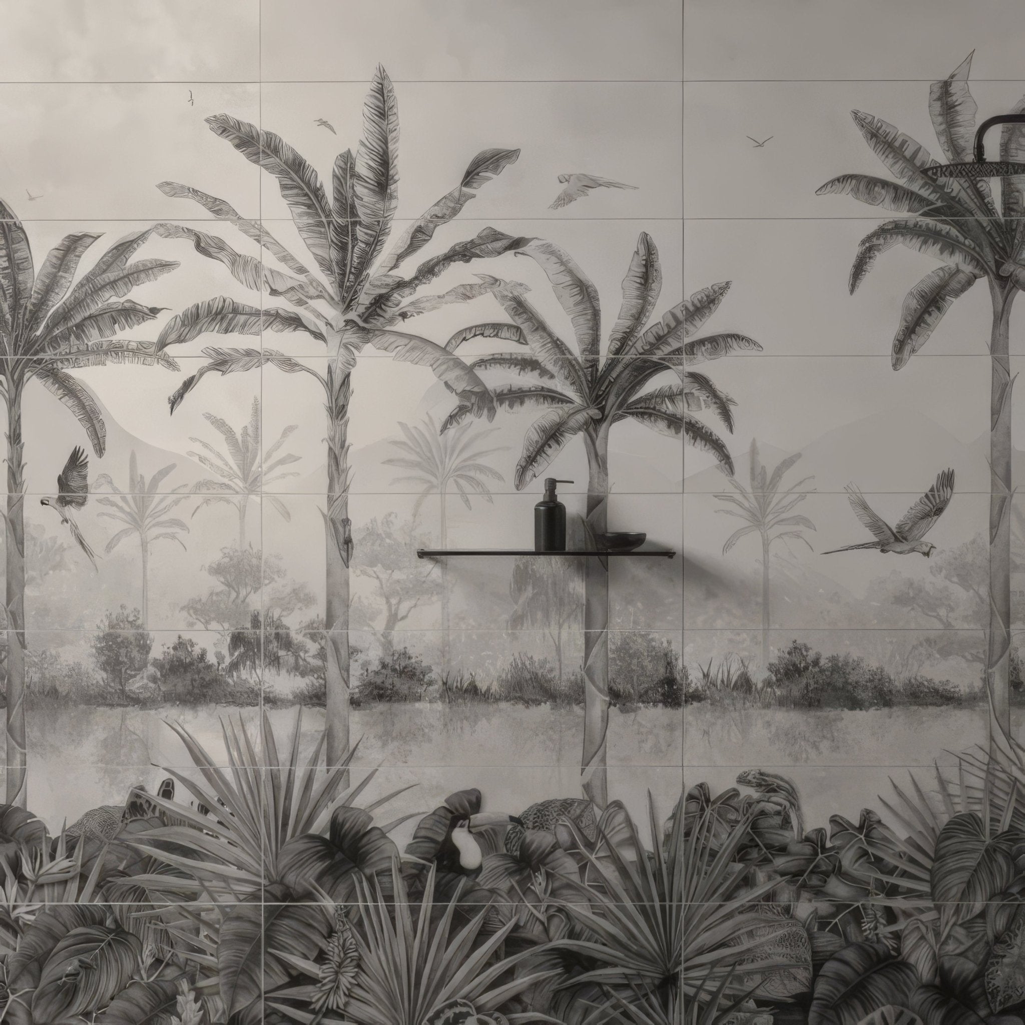 Tropical Oasis Monochrome Mural - Hyperion Tiles