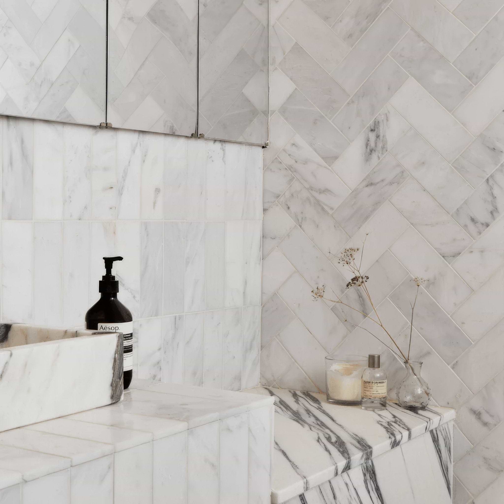 White Herringbone Honed Marble Tile - Hyperion Tiles