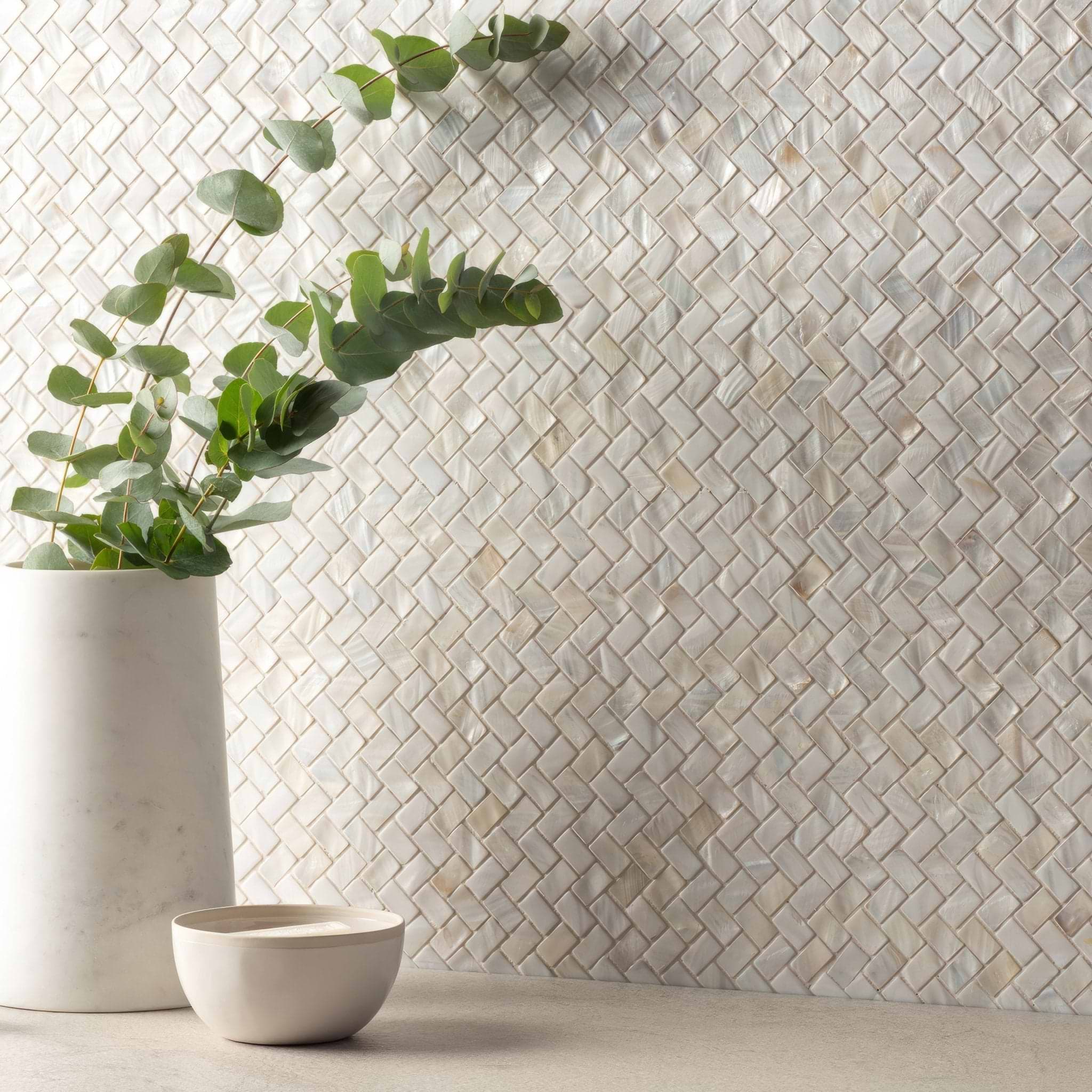 White Pearl Herringbone Shell Mosaic - Hyperion Tiles