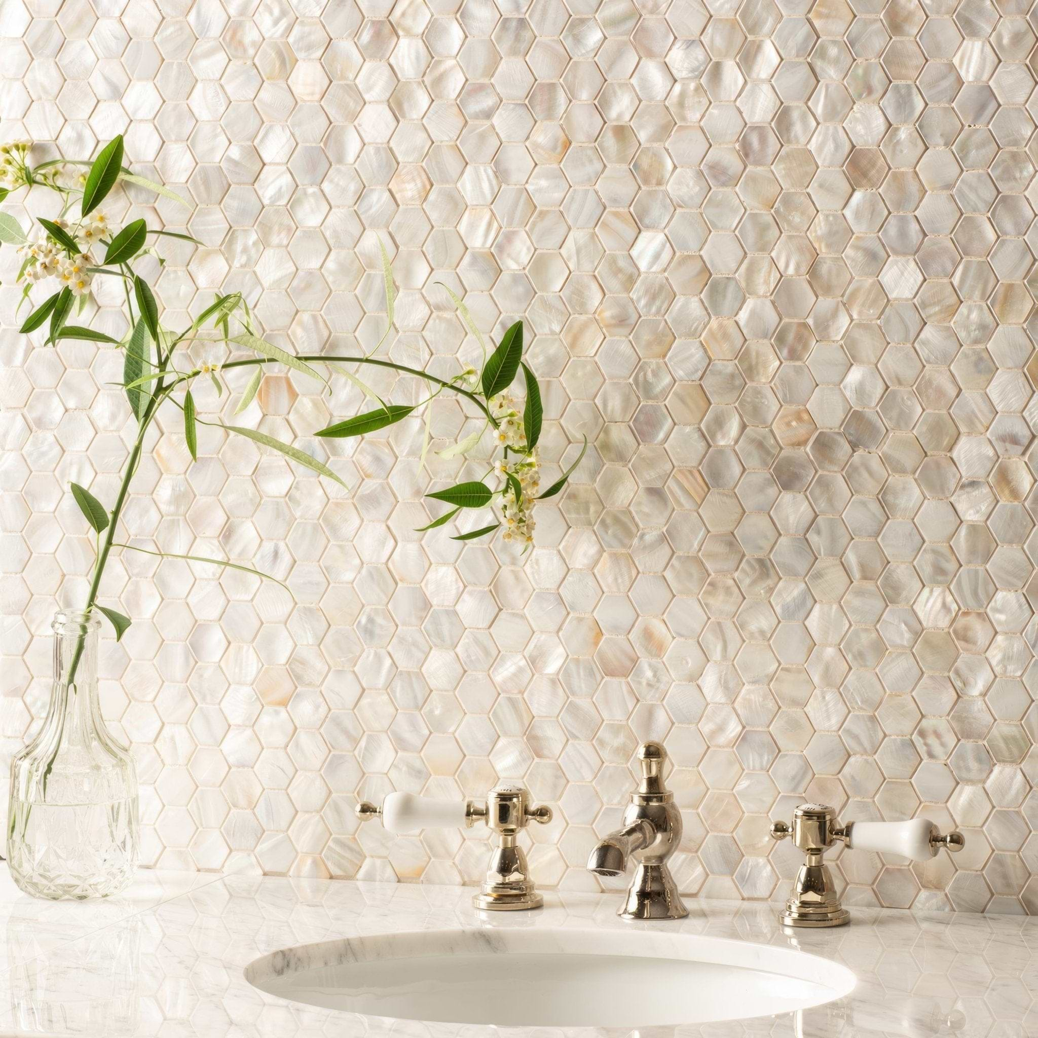 White Pearl Hexagon Shell Mosaic - Hyperion Tiles