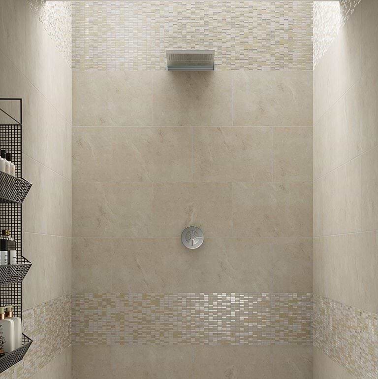 Beige Glass &amp; Stone Mix Linear Mosaic - Hyperion Tiles