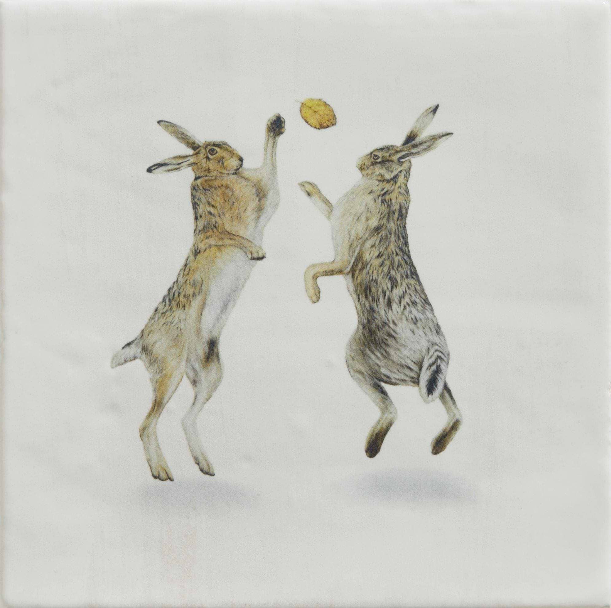 Ca’ Pietra Tiles - Ceramic Autumn Dance 12.5 x 12.5cm Wiltshire Hares By Joanna May
