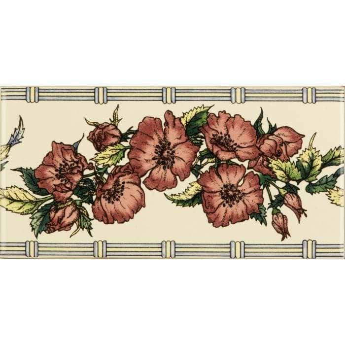 Original Style Tiles - Ceramic 152 x 75 x 7mm - Per Piece Corded Poppies Red Classical Decorative Border on Colonial White