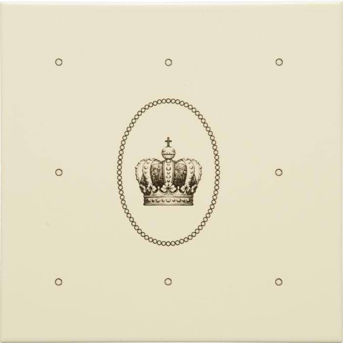 Original Style Tiles - Ceramic 152 x 152 x 7mm - Per Piece Dot Cartouche with Sovereign Crown Charcoal Grey on Colonial White