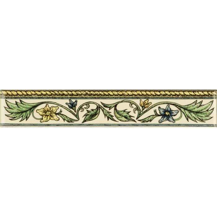 Floral Rope Classical Decorative Border Blue &amp; Yellow on Brilliant White - Hyperion Tiles