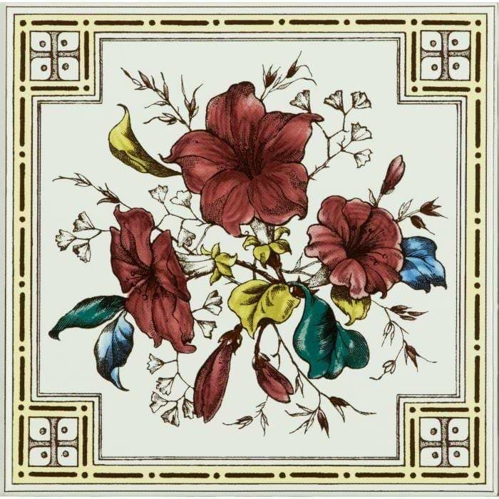 Original Style Tiles - Ceramic 152 x 152 x 7mm - Per Piece Flower & Foliage Single Tile On Brilliant White